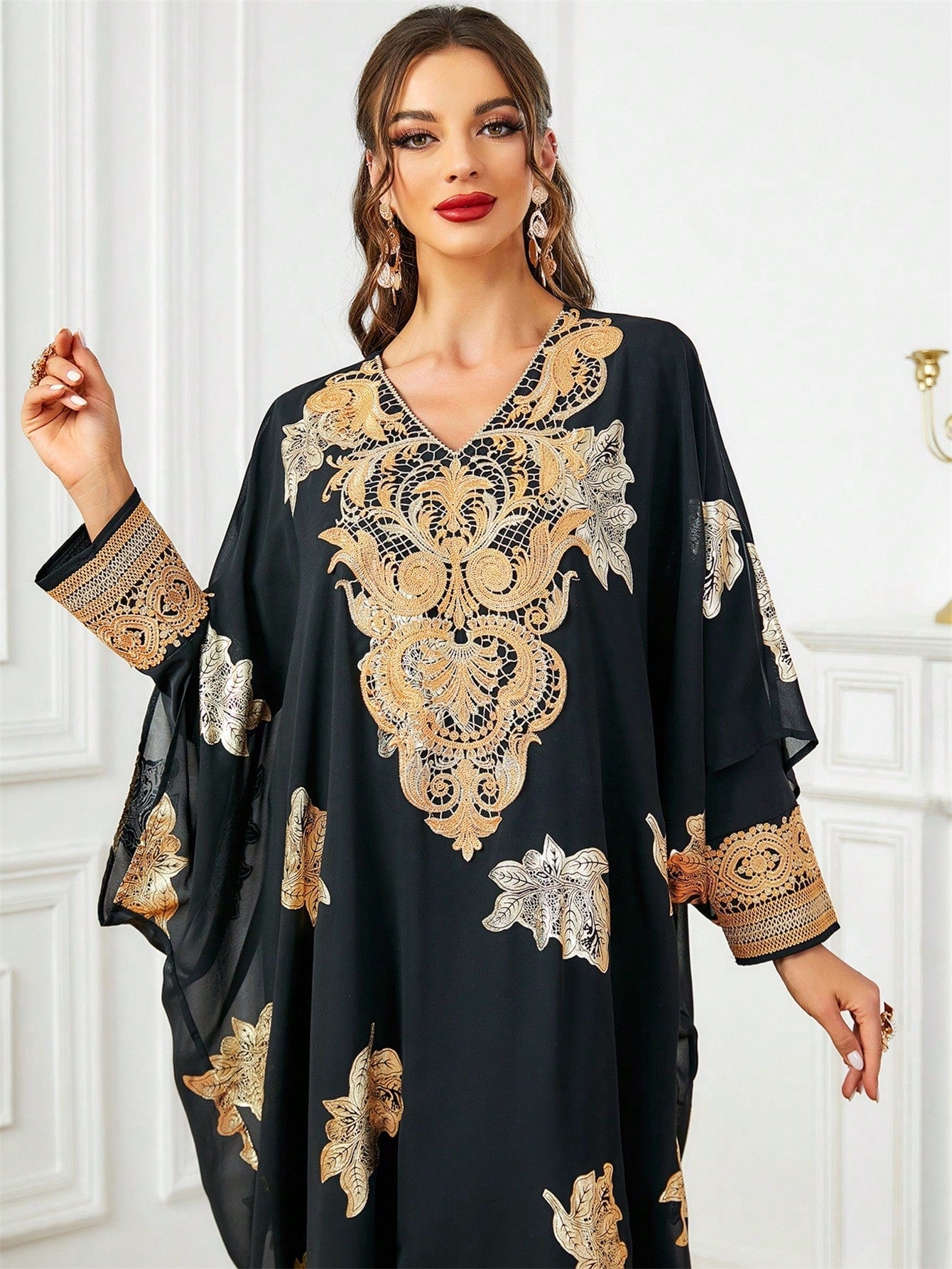 2pcs/set Plant Printed Batwing Sleeve Kaftan Dress