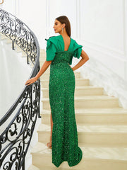 Missord Women's Green Sequin Slit Evening Party Dress