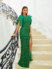 Missord Women's Green Sequin Slit Evening Party Dress