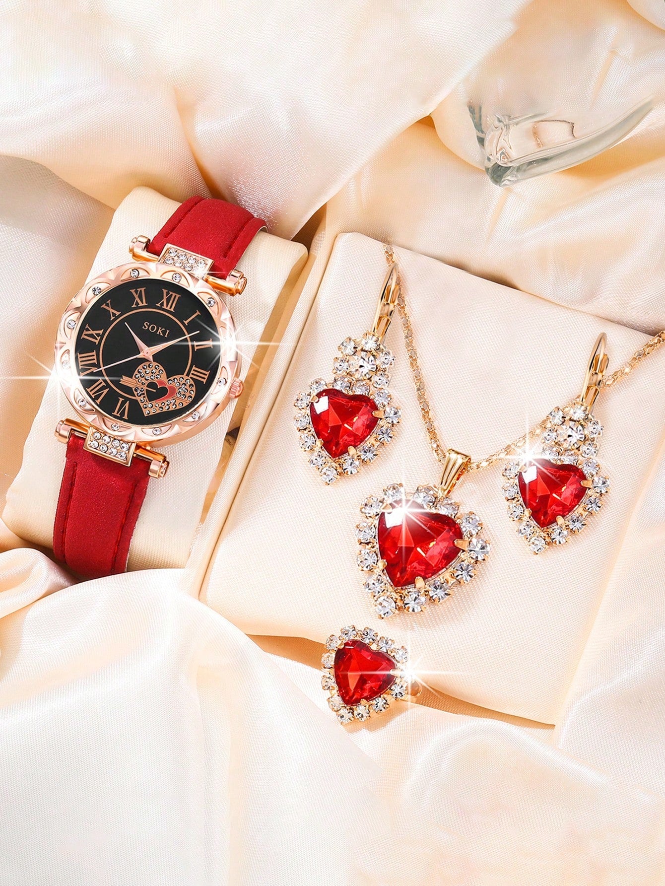 1pc Women's Pink Pu Strap, Gorgeous Heart Dial, Quartz Wristwatch And Heart Shaped Fully Rhinestone Jewelry Set