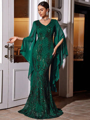 Women's Dark Green V-neck Chiffon Dress