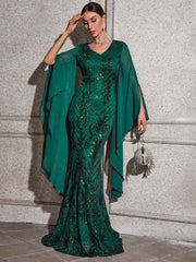 Women's Dark Green V-neck Chiffon Dress