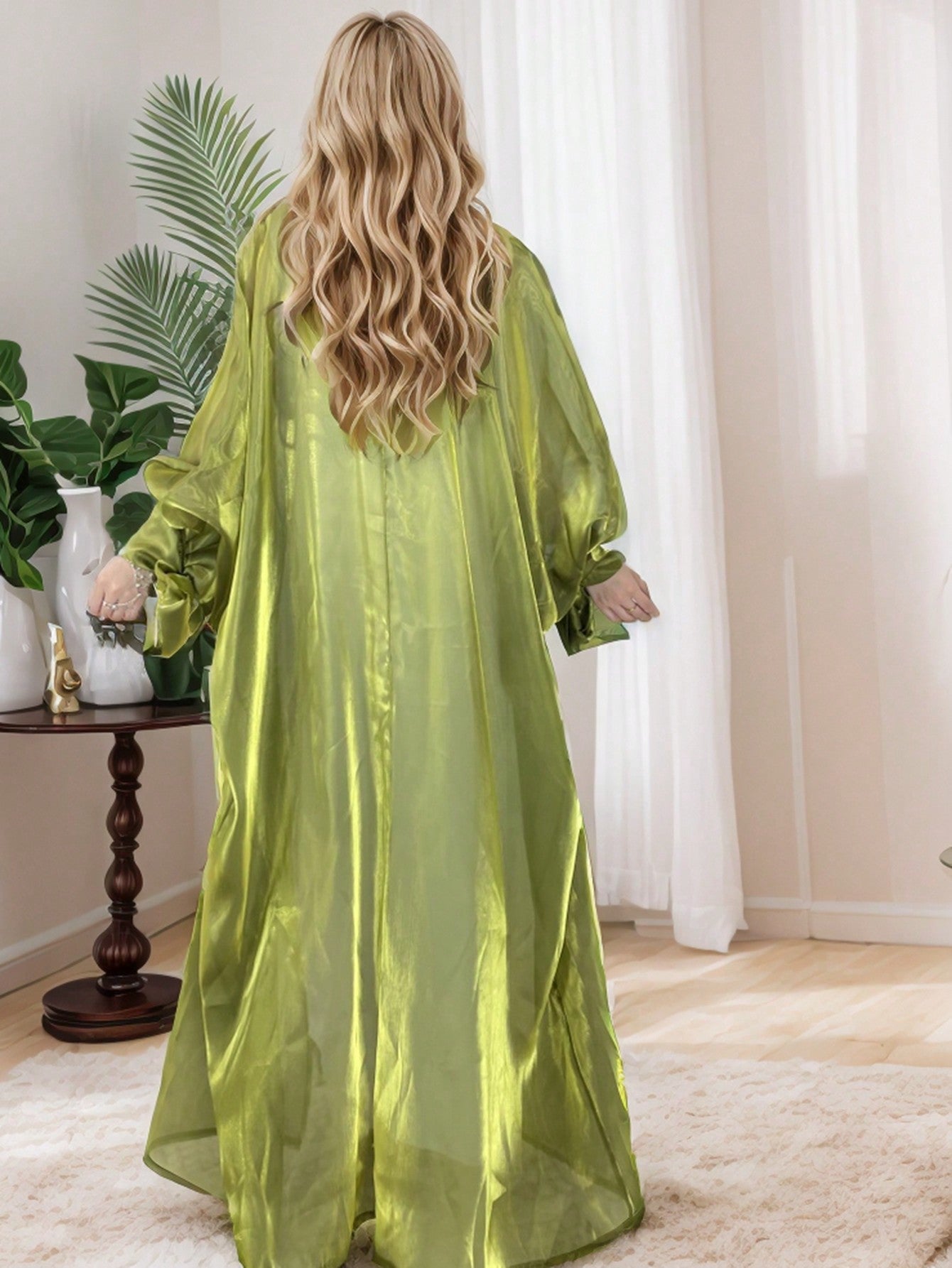 Ladies' Organza Glossy Bow Decor Batwing Sleeve Kaftan Dress