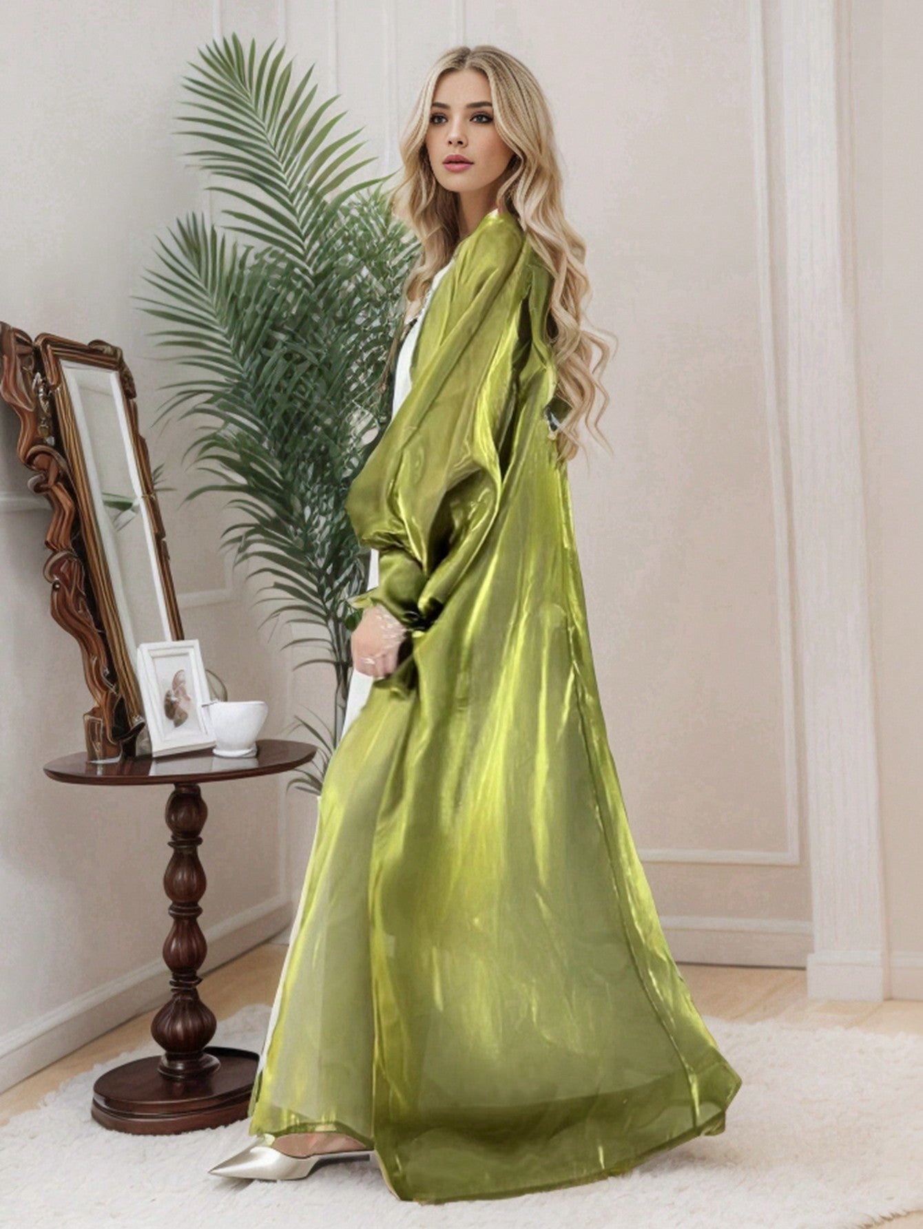 Ladies' Organza Glossy Bow Decor Batwing Sleeve Kaftan Dress