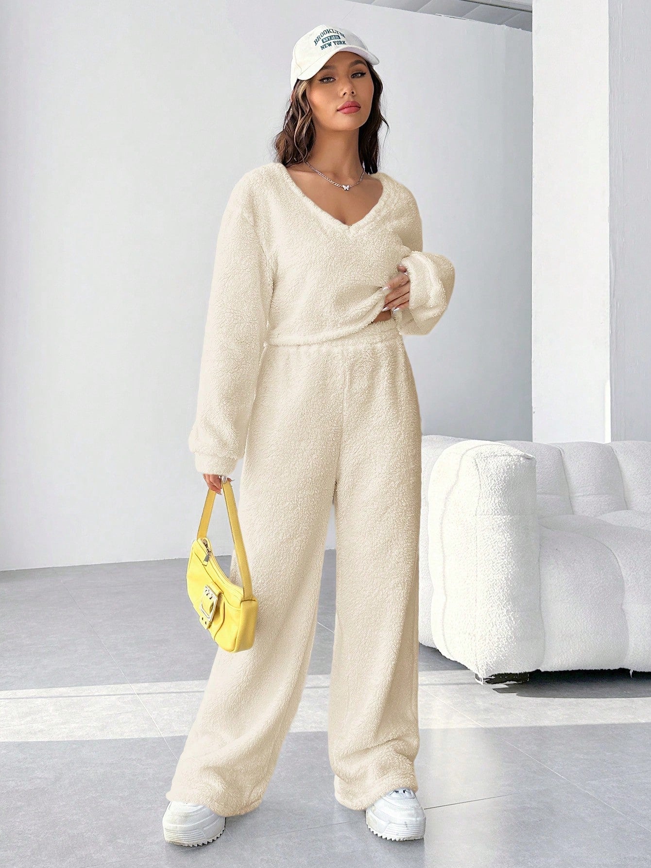 EZwear Plush V-neck Oversized Top And Pants Set