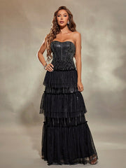 Unity Women'S Strapless Black Striped Glitter Tulle A-Line Dress With Ruffled Layers