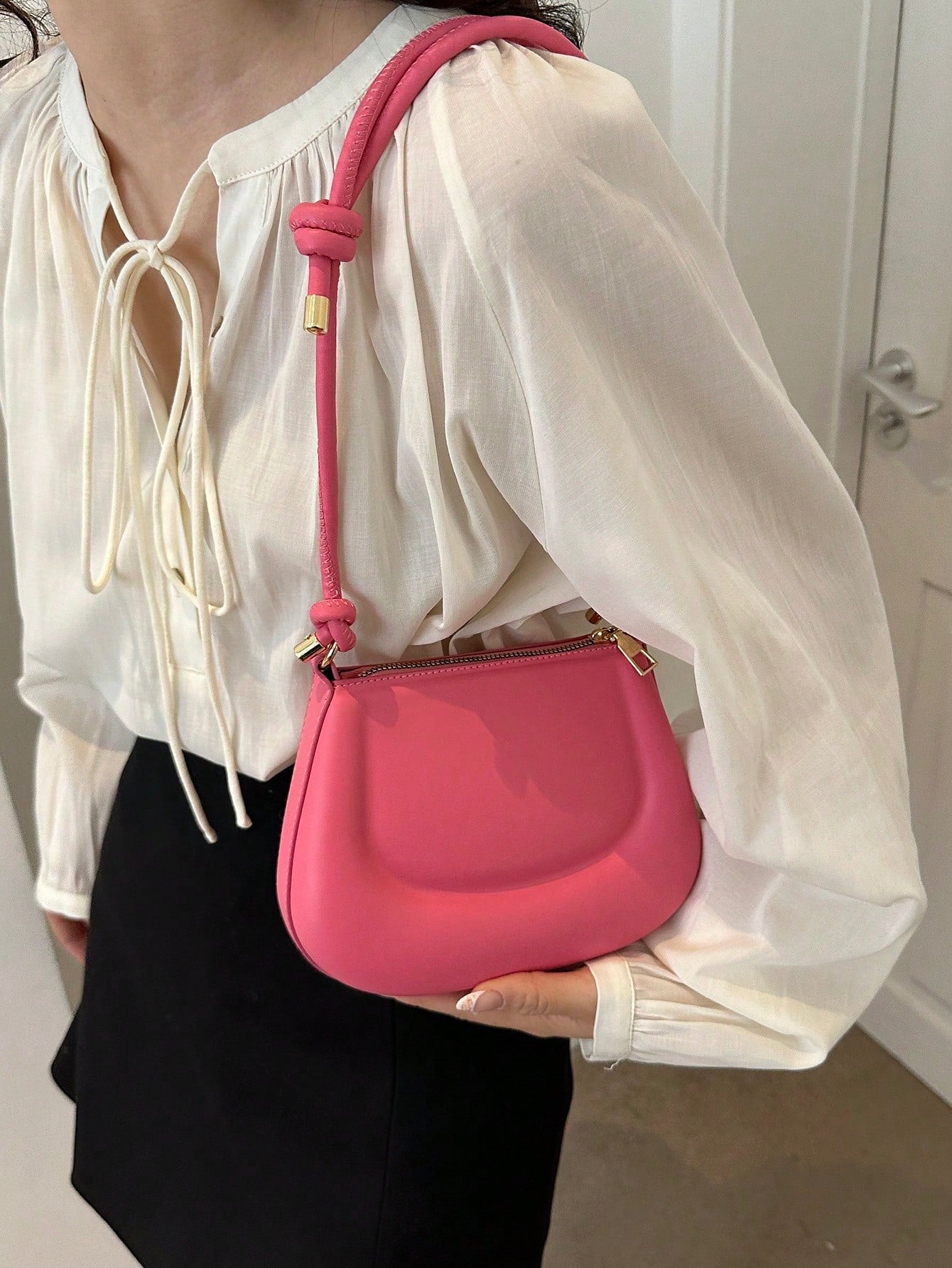 New women's mini shoulder bag simple solid color versatile small square bag Knotted Strap Shoulder Bag Solid Color Zipper Underarm Bag PU Leather Stylish Trendy Bag