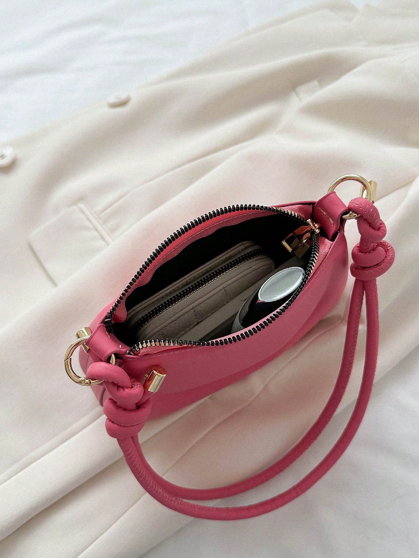 New women's mini shoulder bag simple solid color versatile small square bag Knotted Strap Shoulder Bag Solid Color Zipper Underarm Bag PU Leather Stylish Trendy Bag