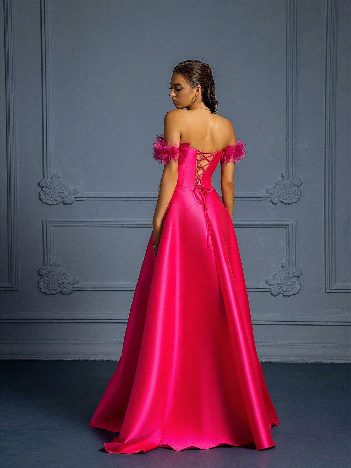 Women's Ruffled Off Shoulder Satin Split Evening Gown Dress