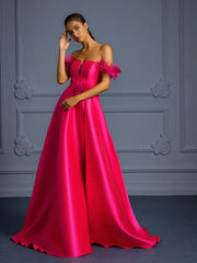 Women's Ruffled Off Shoulder Satin Split Evening Gown Dress