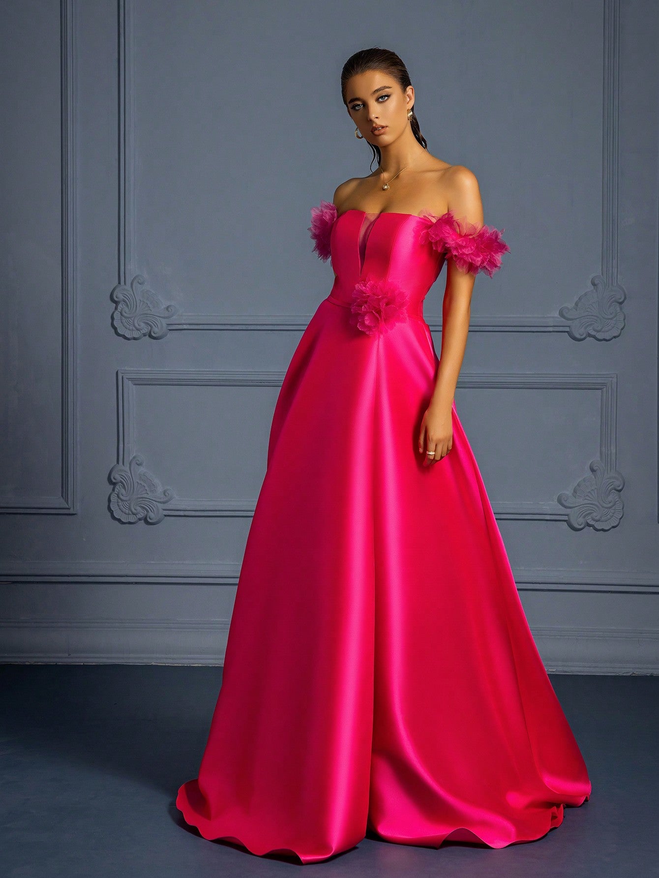 Women's Ruffled Off Shoulder Satin Split Evening Gown Dress