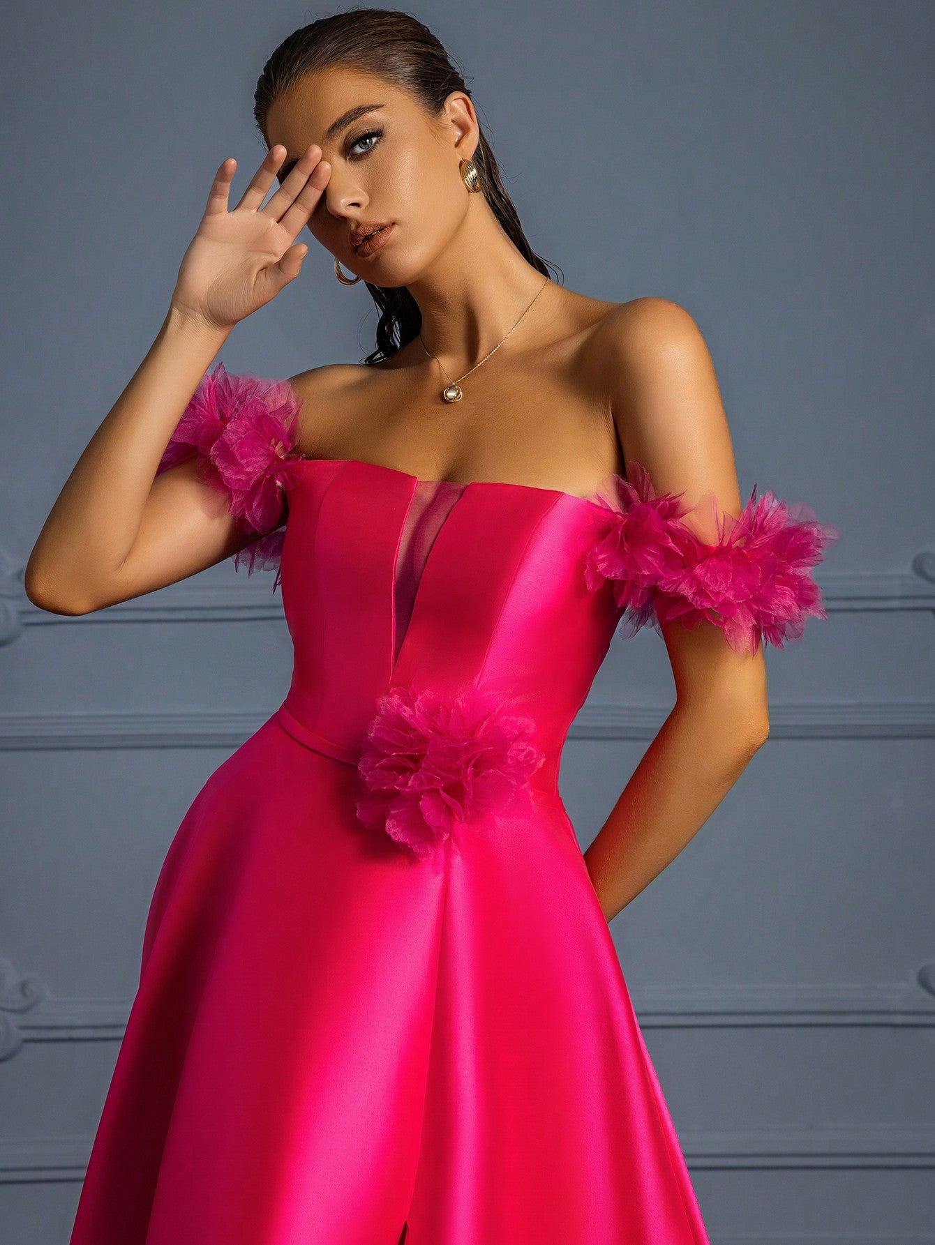 Women's Ruffled Off Shoulder Satin Split Evening Gown Dress