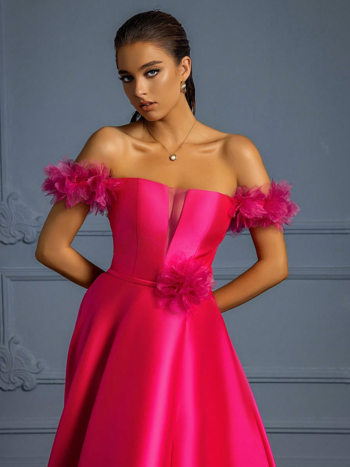 Women's Ruffled Off Shoulder Satin Split Evening Gown Dress