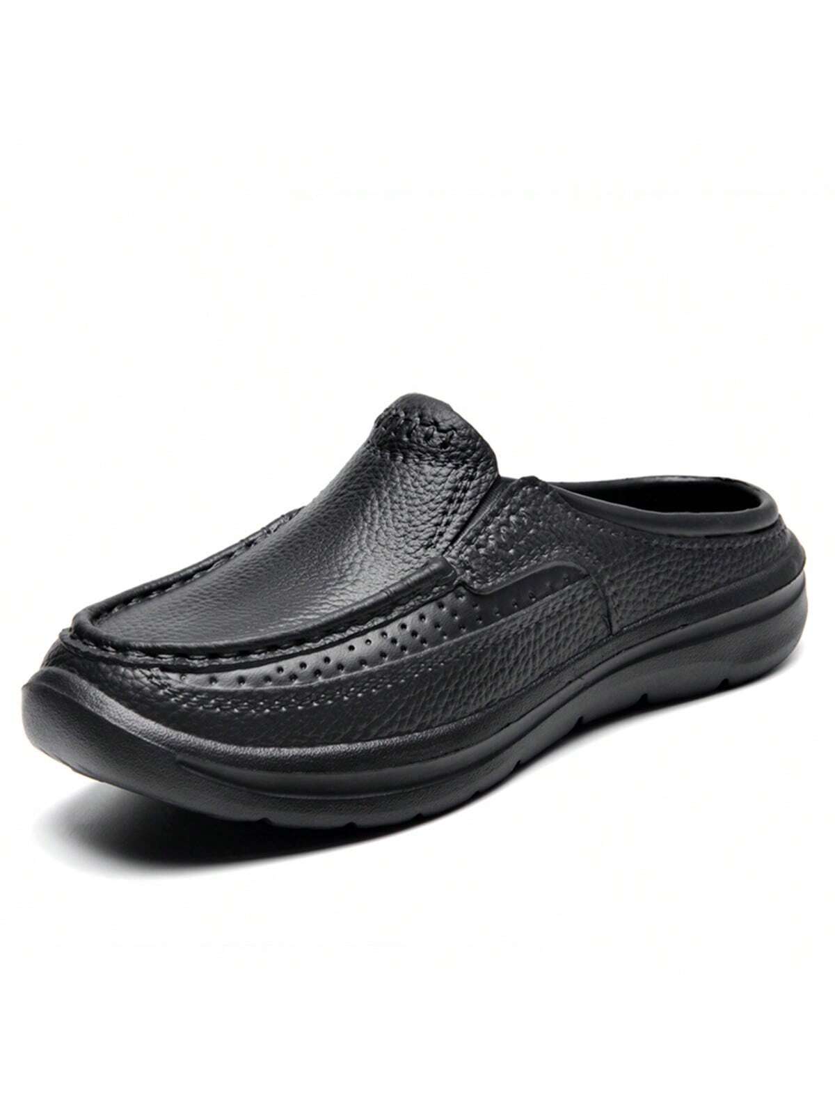 Simple Slip-on Men's Half Slippers With Non-slip Pu Leather Outsole, Suitable For Driving And Chef Work