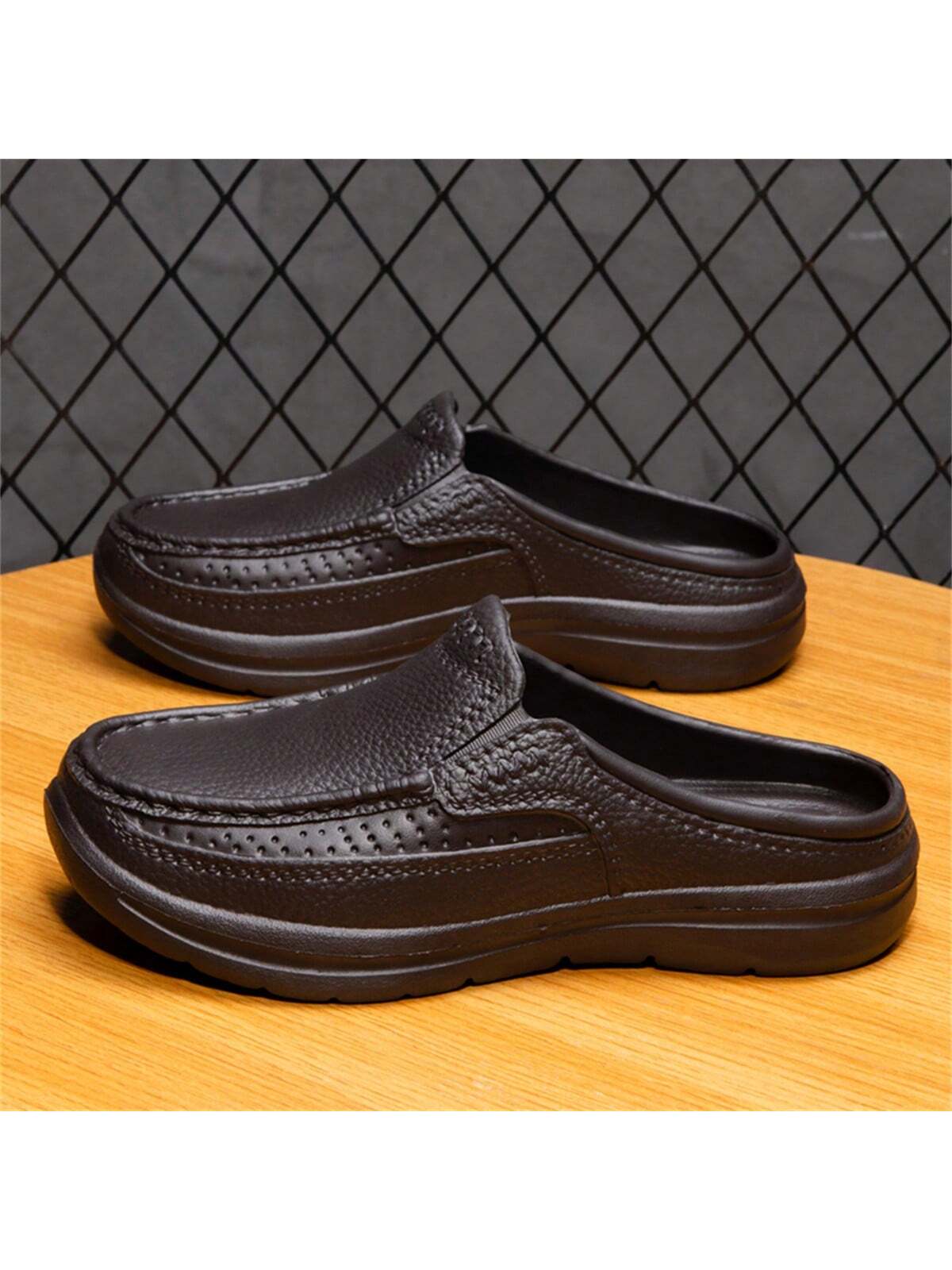 Simple Slip-on Men's Half Slippers With Non-slip Pu Leather Outsole, Suitable For Driving And Chef Work