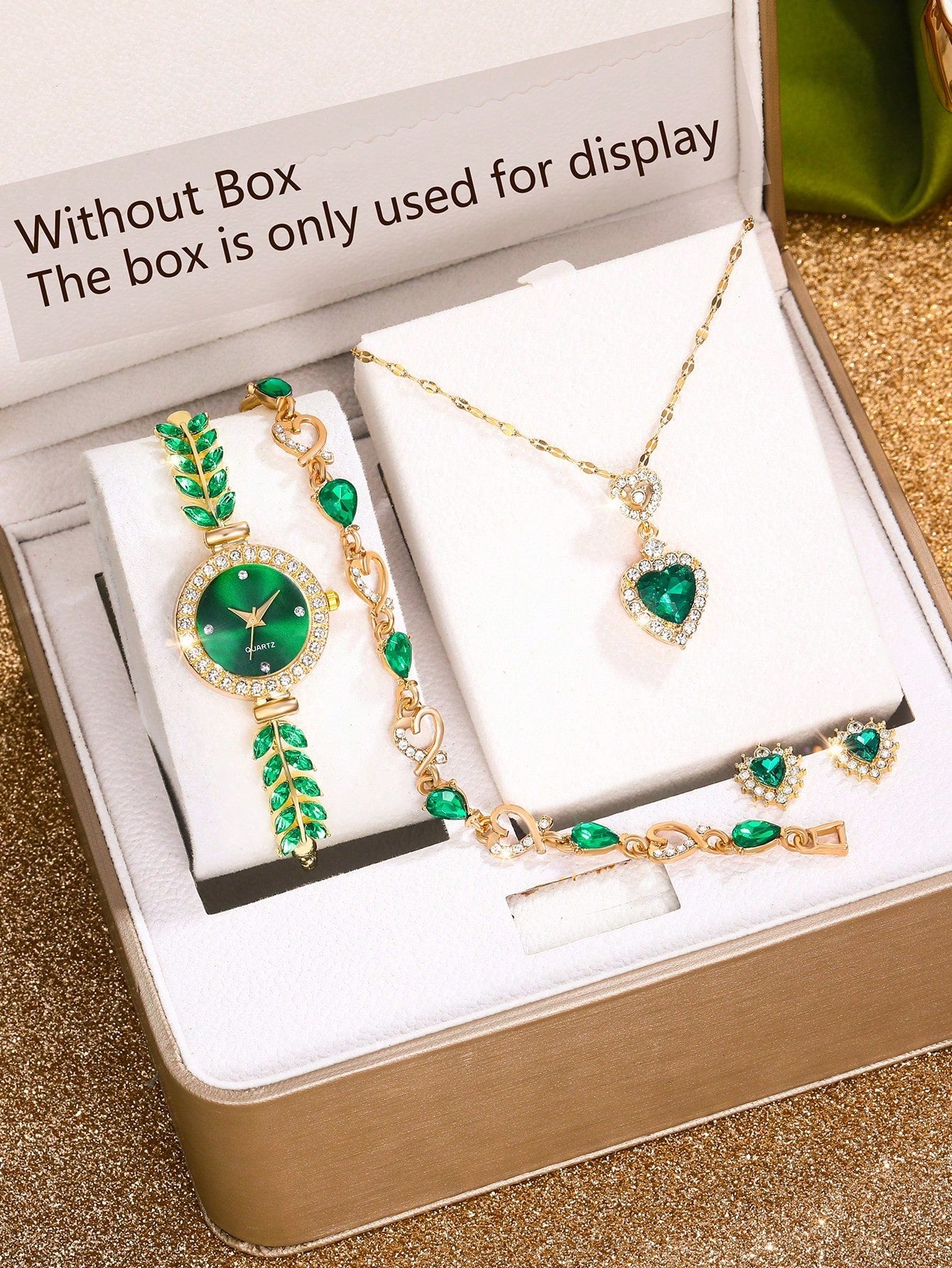 1pc Women'S Green Feather Tassel Watch With Diamond Studded Dial And 1pc Feather Tassel Pendant Necklace