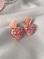 1pair Elegant Pink Vintage Cube Shaped Dangle Earrings With Full Rhinestones And Oil Drop