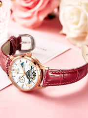 Ladies' Automatic Mechanical Watch With Water Resistance, Night Vision, Moon Phase And Flying Wheel Design