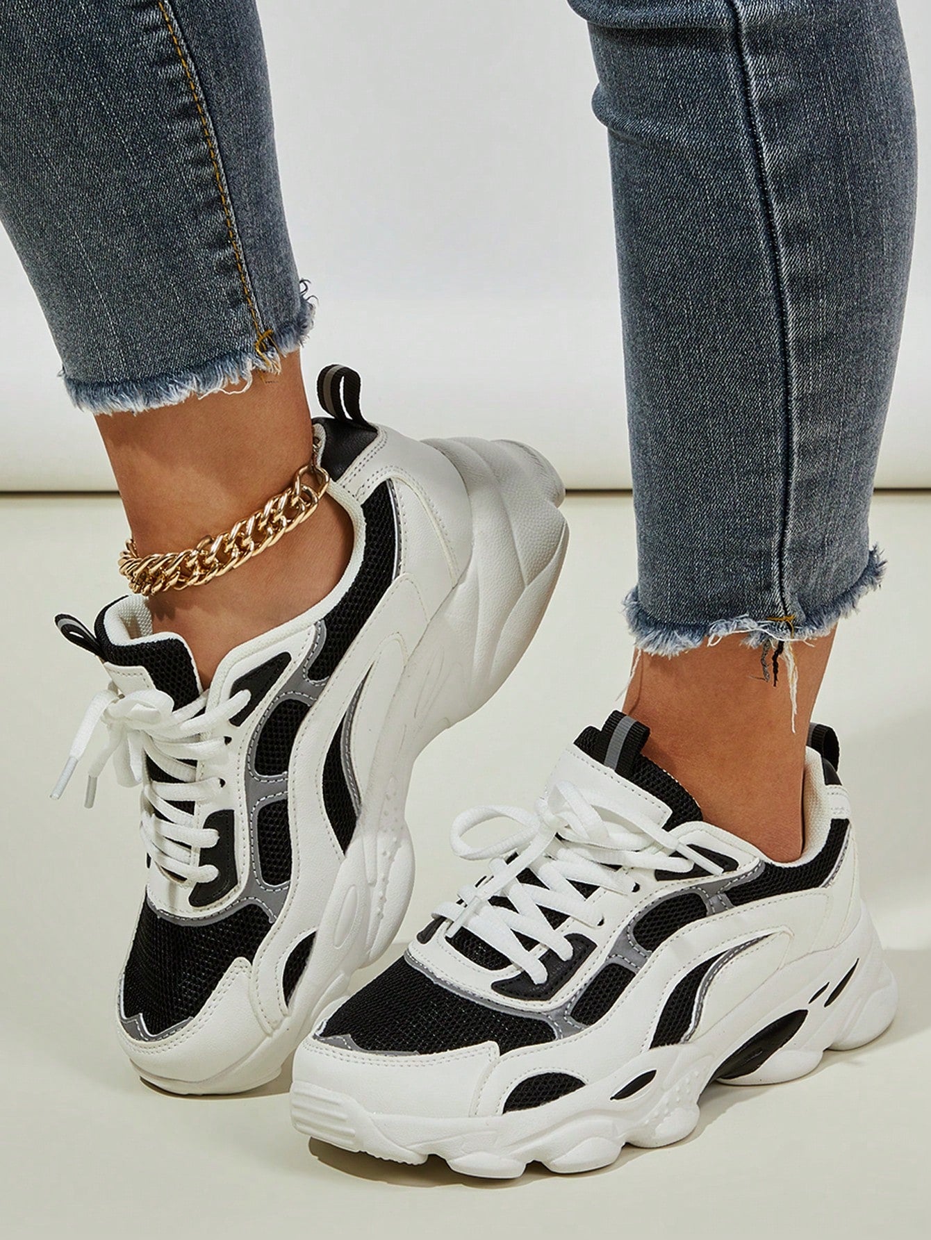 Women's Fashion Black & White Patchwork Sport Sneakers Chunky Shoes