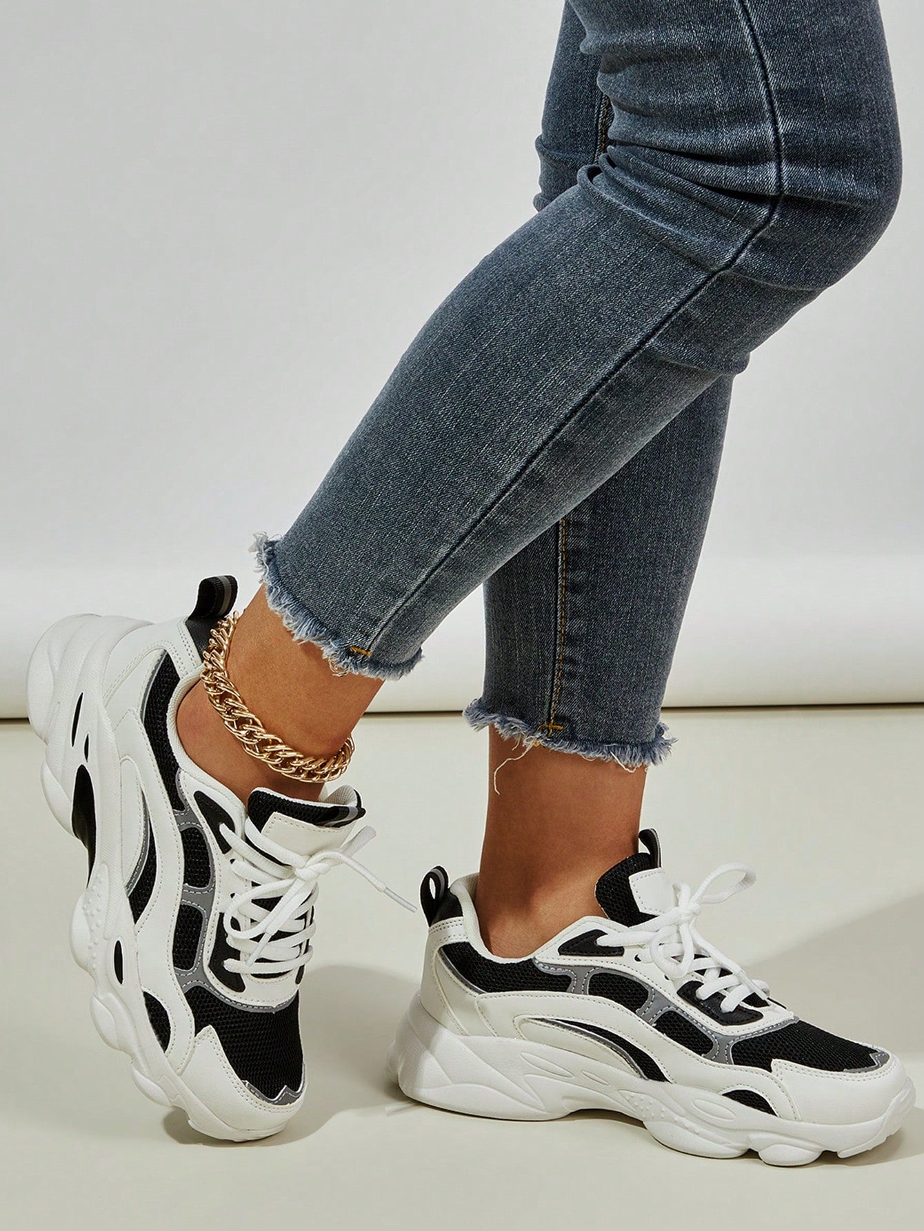 Women's Fashion Black & White Patchwork Sport Sneakers Chunky Shoes