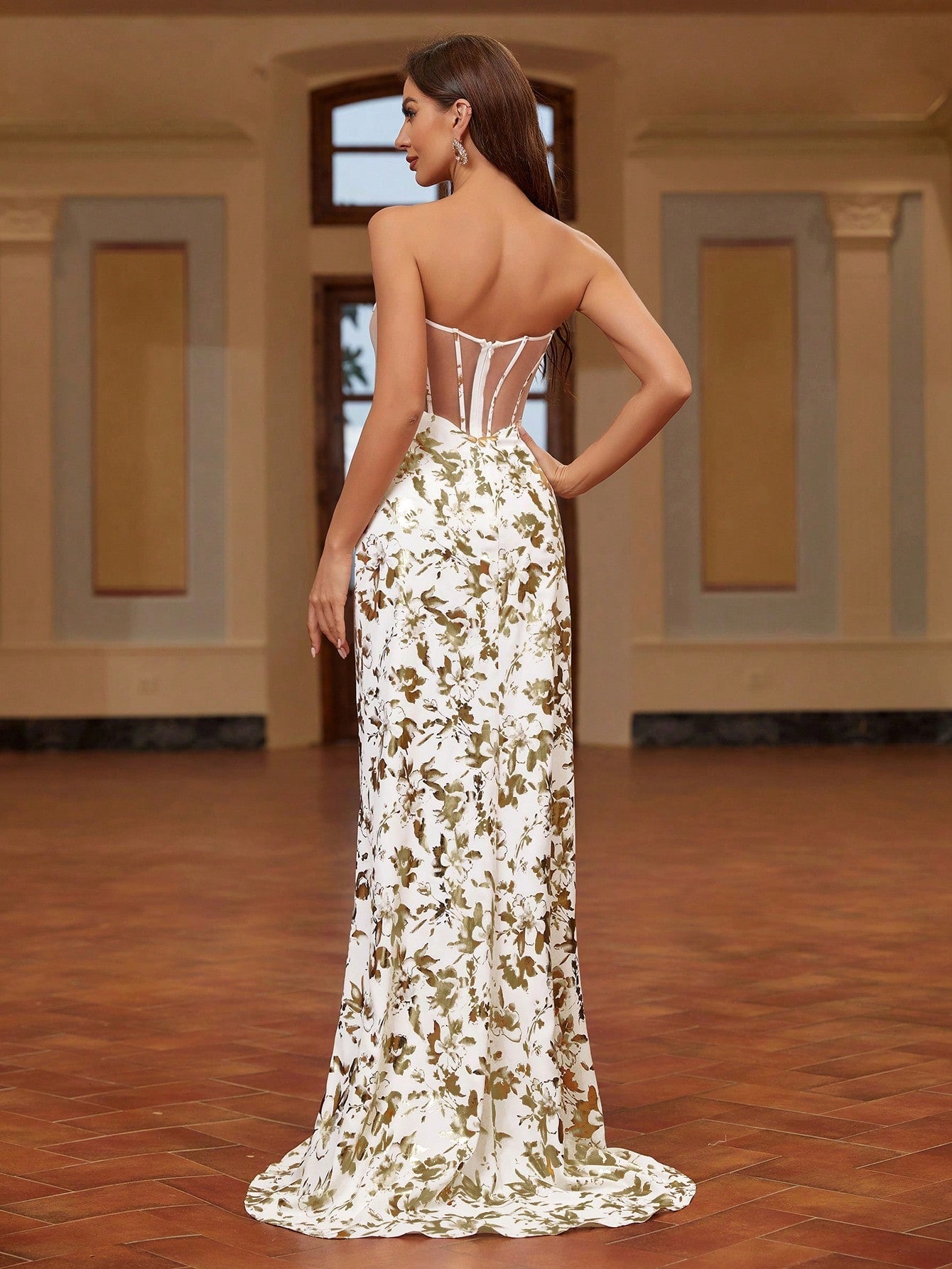 Belle Golden Printed, Perspective, Mermaid Evening Dress For Women, Featuring Fishbone And Strapless Design