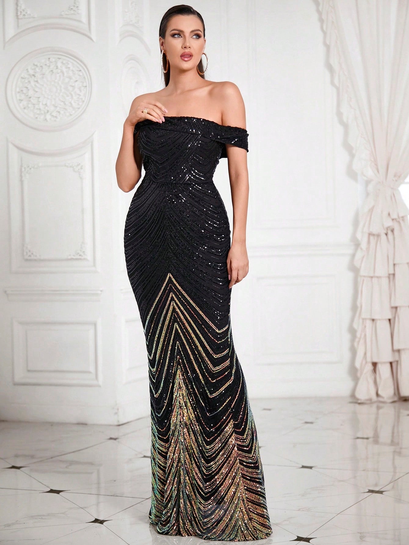 LOVE&LEMONADE Women'S Off Shoulder Glitter Contrast Color Evening Gown