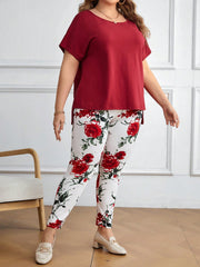 EMERY ROSE Solid Color Asymmetric Hem Batwing Sleeve T-Shirt And Flower Printed Jumpsuit Set For Plus Size Casual Wear