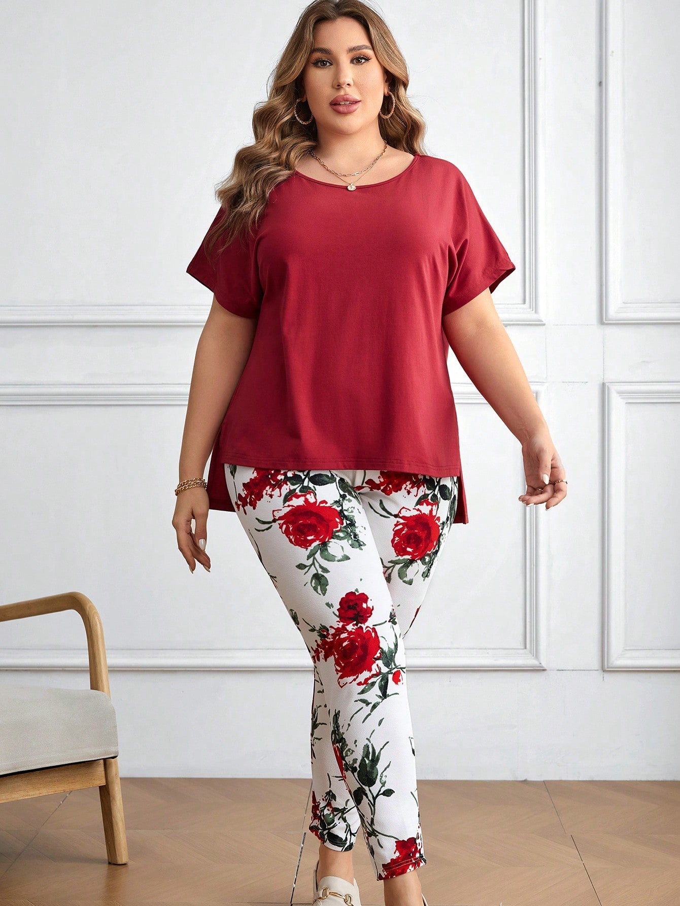 EMERY ROSE Solid Color Asymmetric Hem Batwing Sleeve T-Shirt And Flower Printed Jumpsuit Set For Plus Size Casual Wear