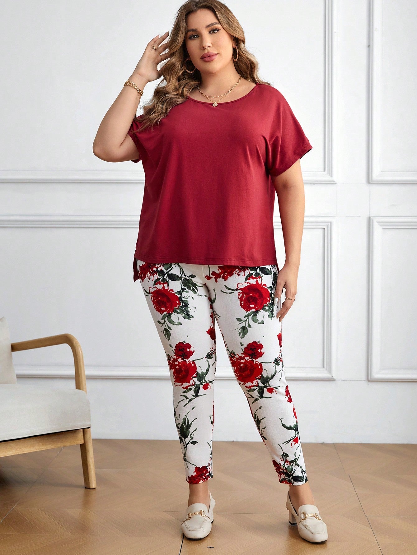 EMERY ROSE Solid Color Asymmetric Hem Batwing Sleeve T-Shirt And Flower Printed Jumpsuit Set For Plus Size Casual Wear