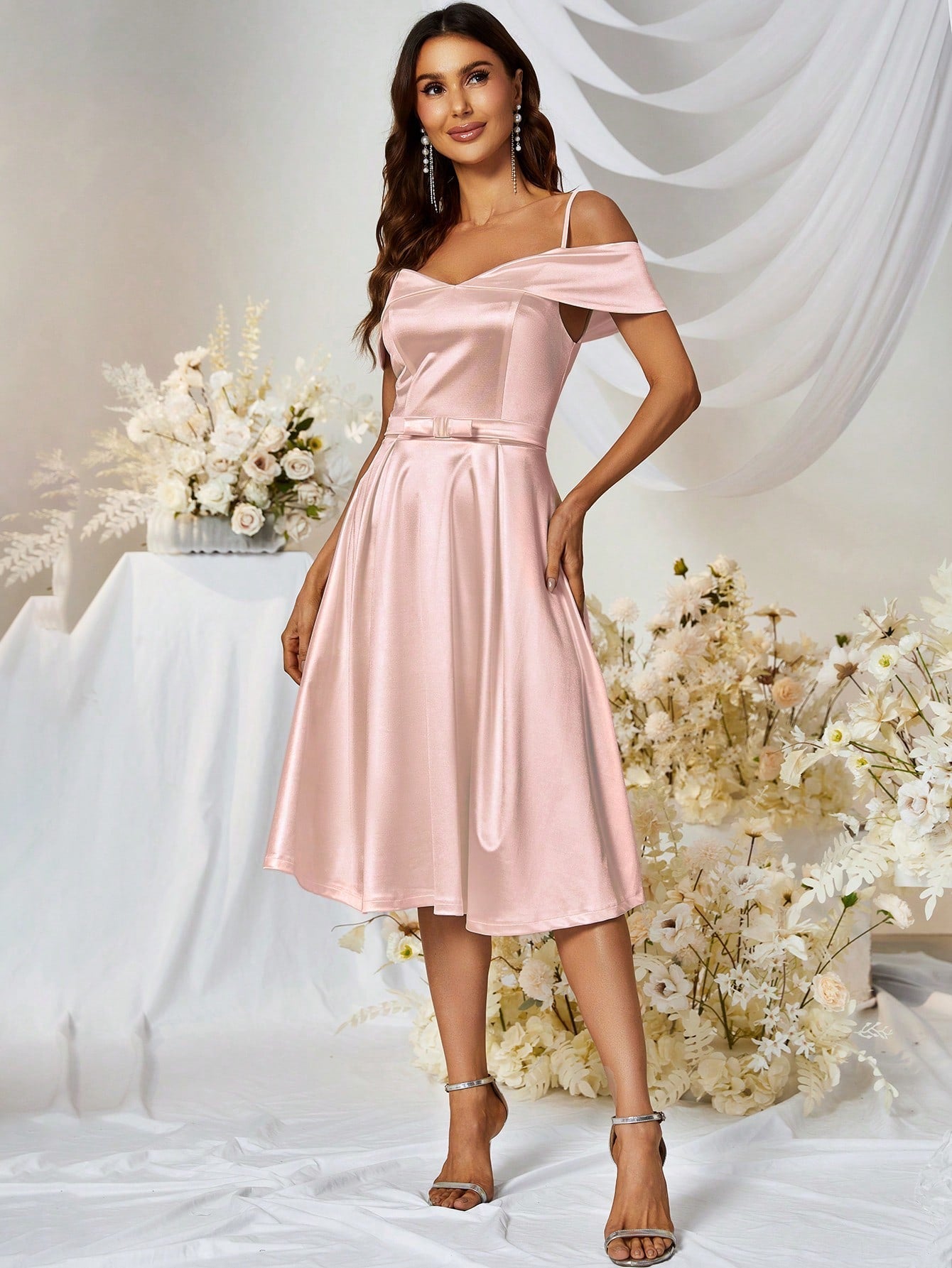 MUXXN Vintage 1950's Cold Shoulder Satin A-line Bridesmaid Dress