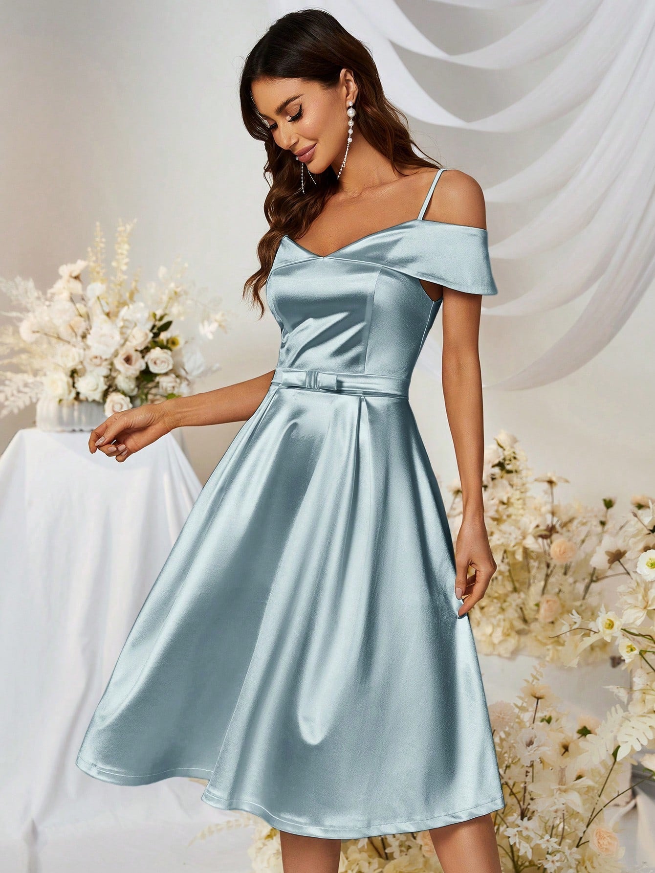 MUXXN Vintage 1950's Cold Shoulder Satin A-line Bridesmaid Dress