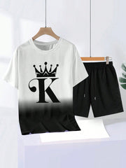 Manfinity LEGND Men's Crown & Letter Printed Ombre Short Sleeve T-shirt And Shorts Two Piece Set