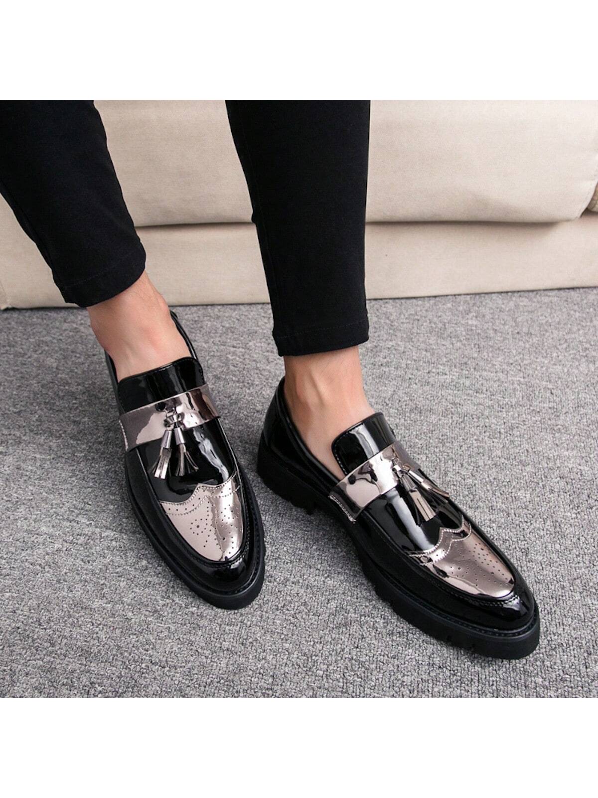 New Men's Shoes, Pointed Toe, Patent Leather, Casual Thick Sole Elevated Sneakers, Fashionable Casual Shoes With Tassel Design, Low-cut Slip-on Shoes For Parties, Wedding, Dinner, Work, Brogue Carved Leather Shoes, Dress Shoes