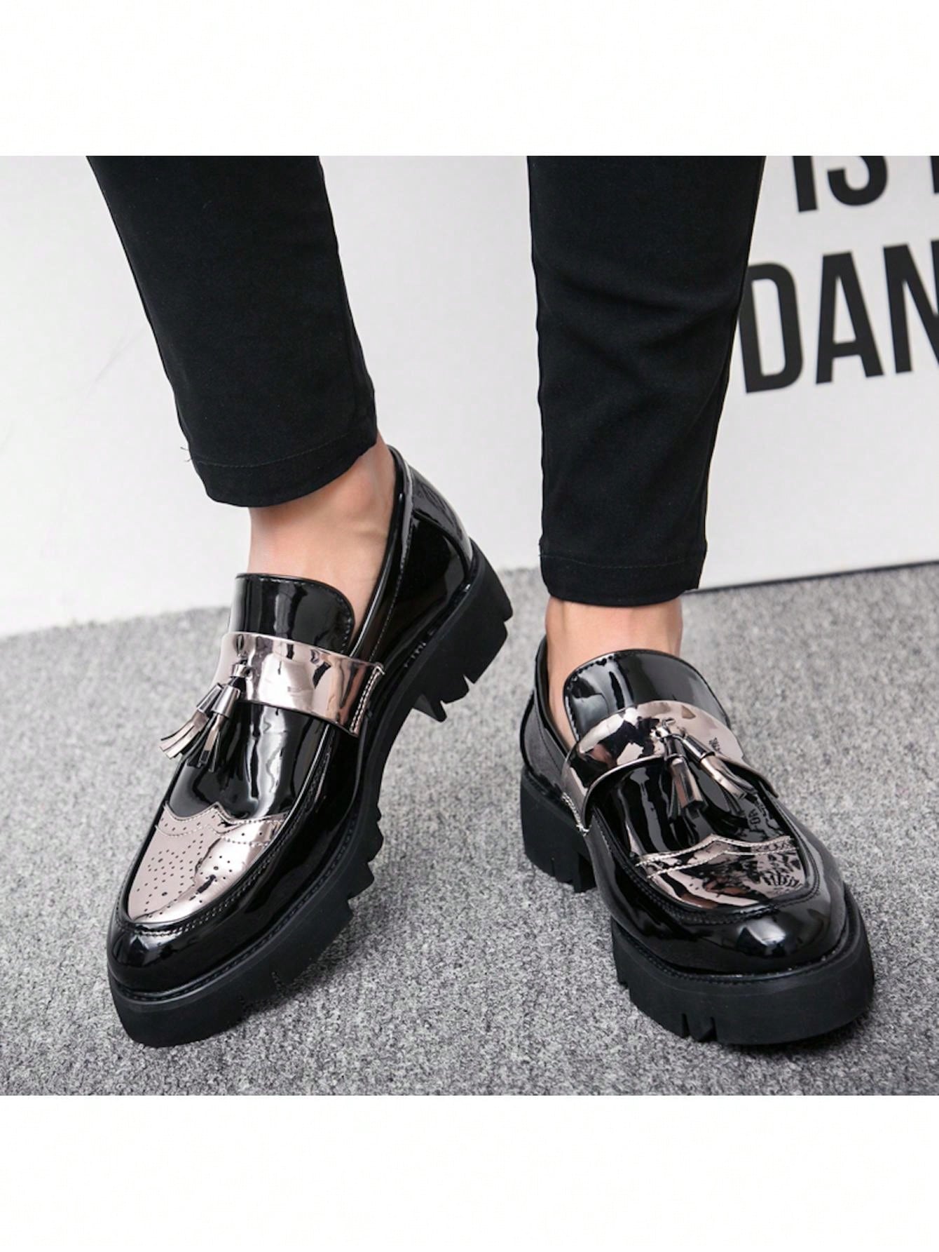 New Men's Shoes, Pointed Toe, Patent Leather, Casual Thick Sole Elevated Sneakers, Fashionable Casual Shoes With Tassel Design, Low-cut Slip-on Shoes For Parties, Wedding, Dinner, Work, Brogue Carved Leather Shoes, Dress Shoes