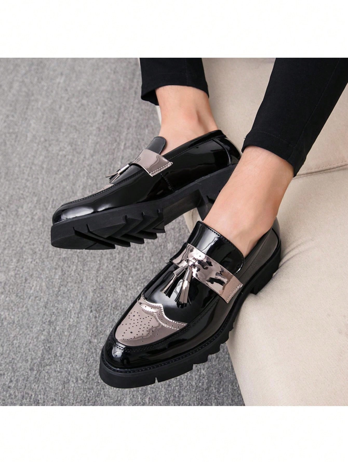 New Men's Shoes, Pointed Toe, Patent Leather, Casual Thick Sole Elevated Sneakers, Fashionable Casual Shoes With Tassel Design, Low-cut Slip-on Shoes For Parties, Wedding, Dinner, Work, Brogue Carved Leather Shoes, Dress Shoes