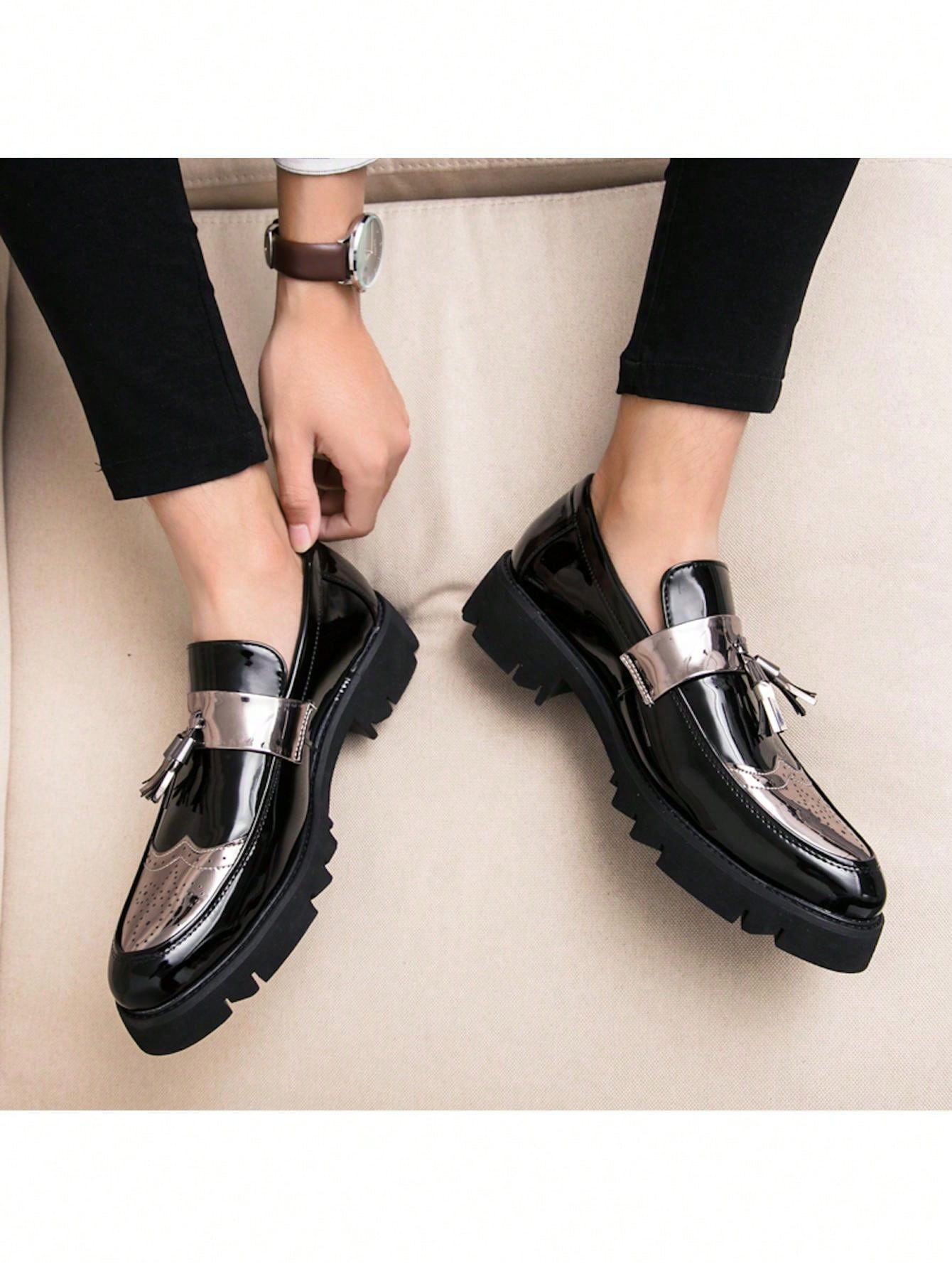 New Men's Shoes, Pointed Toe, Patent Leather, Casual Thick Sole Elevated Sneakers, Fashionable Casual Shoes With Tassel Design, Low-cut Slip-on Shoes For Parties, Wedding, Dinner, Work, Brogue Carved Leather Shoes, Dress Shoes