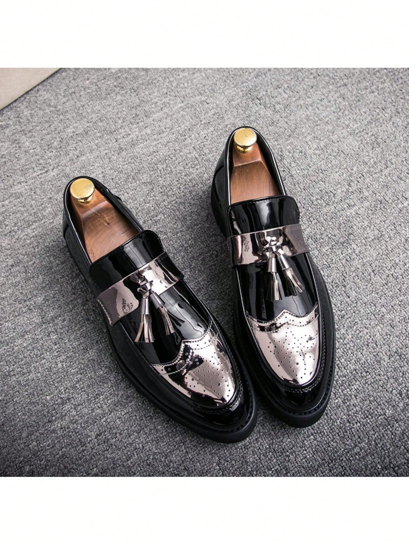 New Men's Shoes, Pointed Toe, Patent Leather, Casual Thick Sole Elevated Sneakers, Fashionable Casual Shoes With Tassel Design, Low-cut Slip-on Shoes For Parties, Wedding, Dinner, Work, Brogue Carved Leather Shoes, Dress Shoes