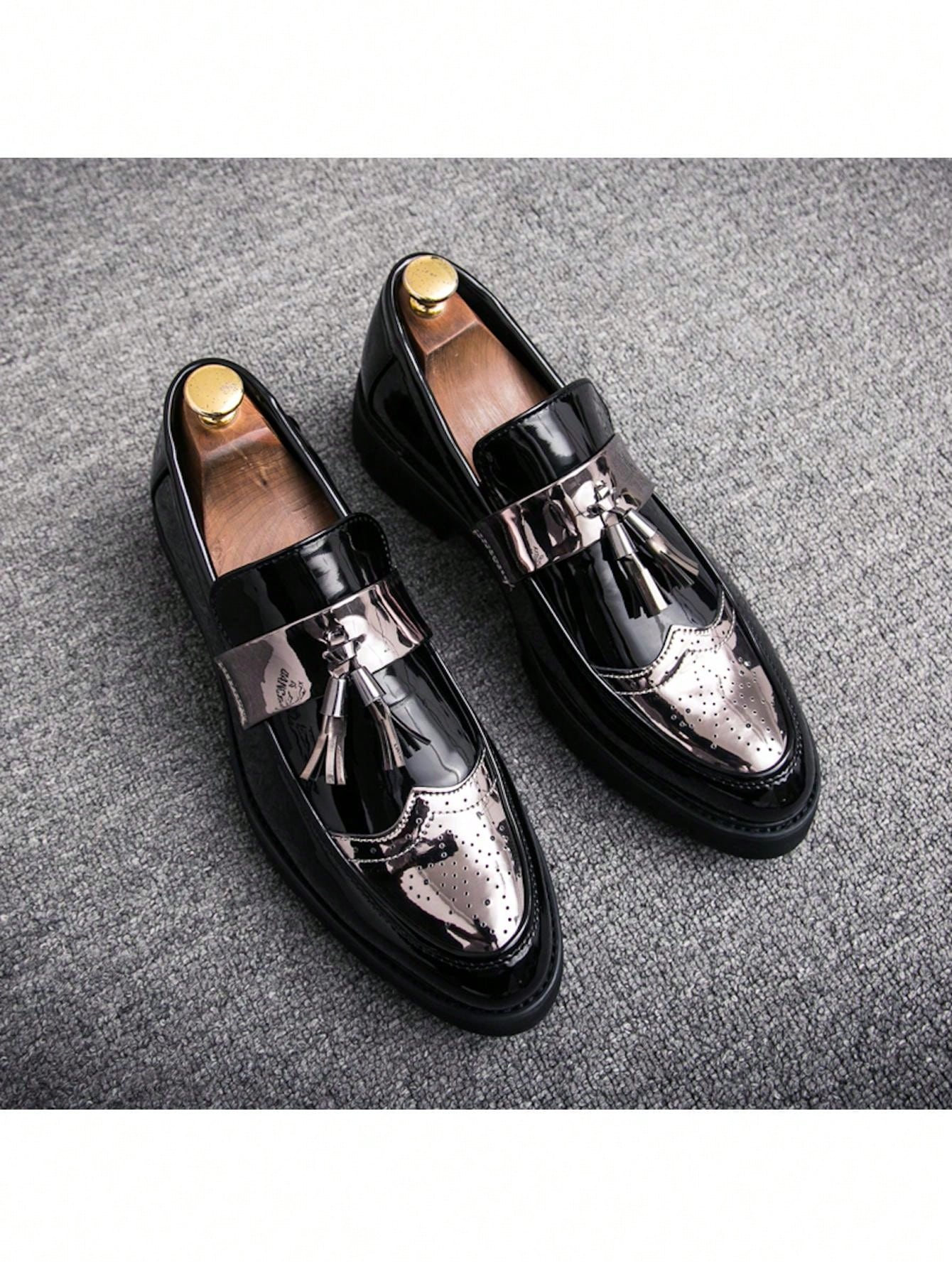 New Men's Shoes, Pointed Toe, Patent Leather, Casual Thick Sole Elevated Sneakers, Fashionable Casual Shoes With Tassel Design, Low-cut Slip-on Shoes For Parties, Wedding, Dinner, Work, Brogue Carved Leather Shoes, Dress Shoes