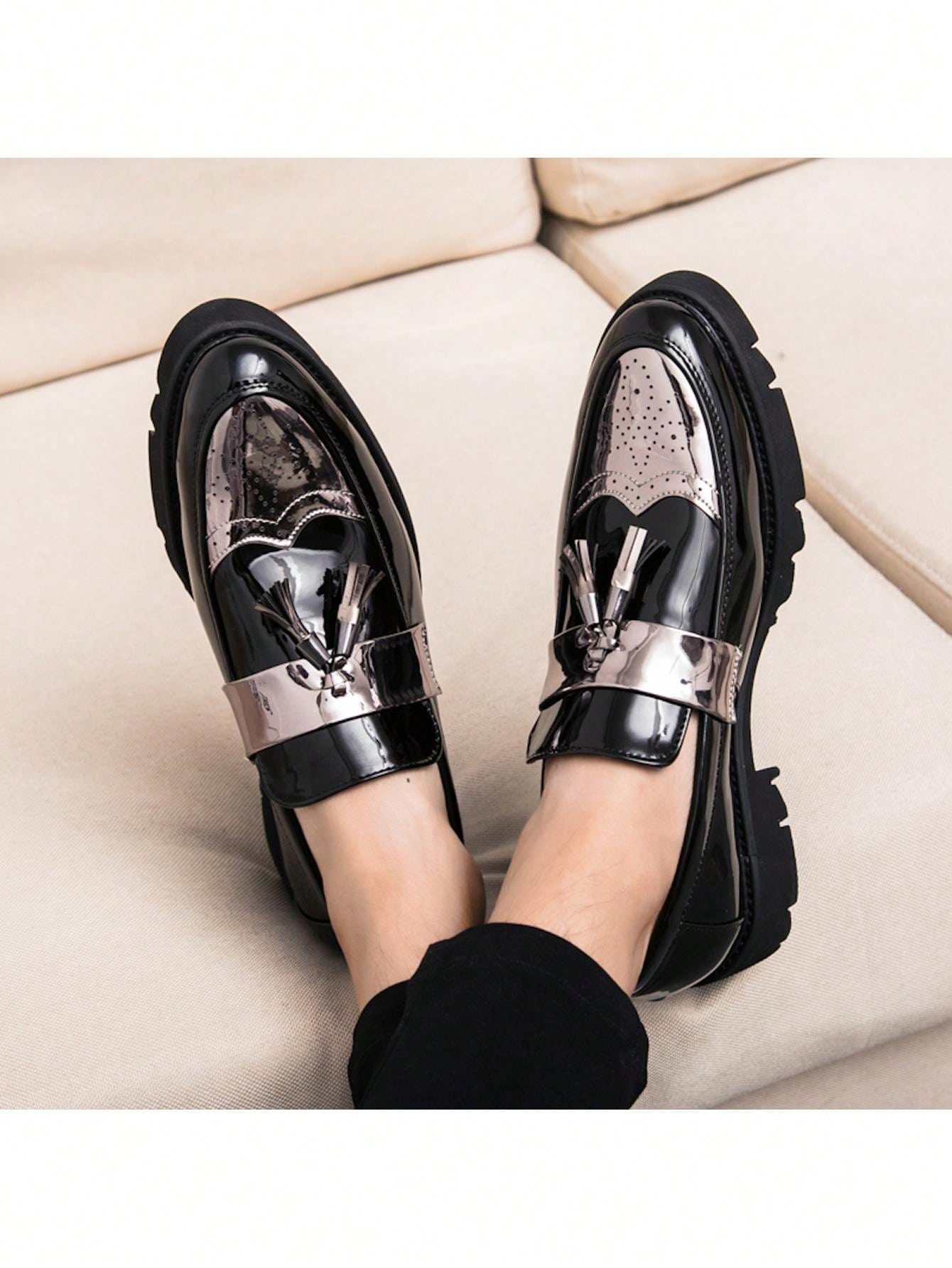 New Men's Shoes, Pointed Toe, Patent Leather, Casual Thick Sole Elevated Sneakers, Fashionable Casual Shoes With Tassel Design, Low-cut Slip-on Shoes For Parties, Wedding, Dinner, Work, Brogue Carved Leather Shoes, Dress Shoes