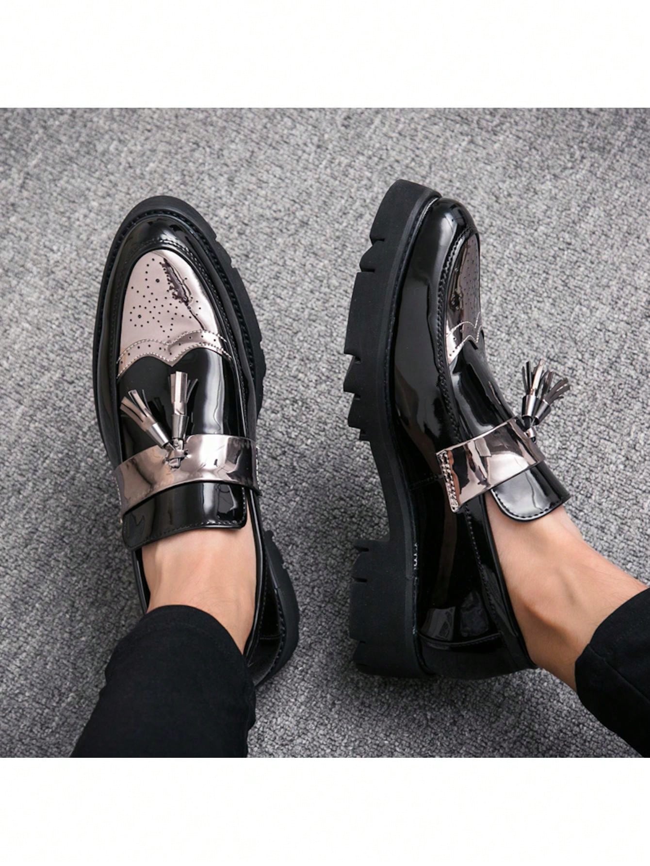 New Men's Shoes, Pointed Toe, Patent Leather, Casual Thick Sole Elevated Sneakers, Fashionable Casual Shoes With Tassel Design, Low-cut Slip-on Shoes For Parties, Wedding, Dinner, Work, Brogue Carved Leather Shoes, Dress Shoes