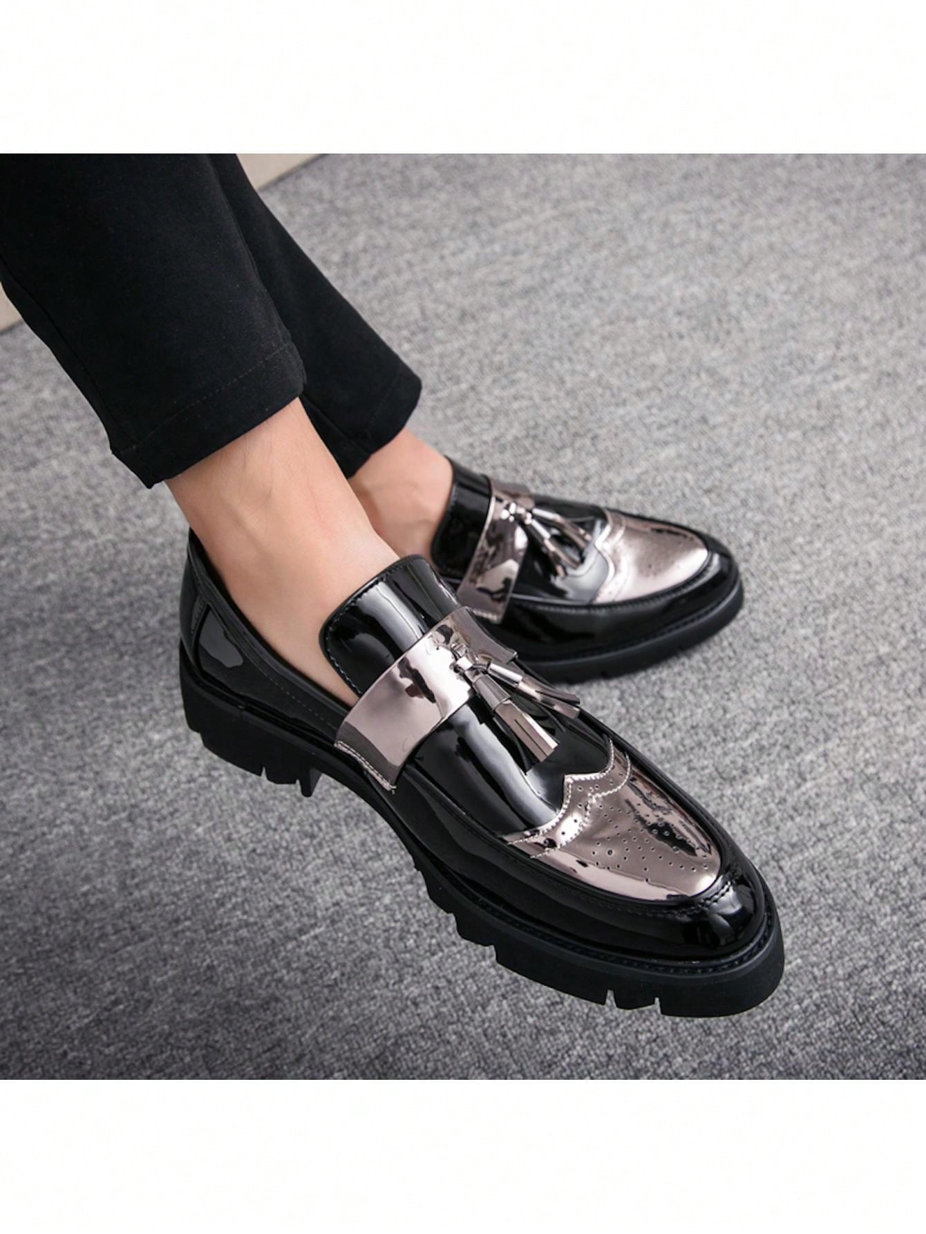 New Men's Shoes, Pointed Toe, Patent Leather, Casual Thick Sole Elevated Sneakers, Fashionable Casual Shoes With Tassel Design, Low-cut Slip-on Shoes For Parties, Wedding, Dinner, Work, Brogue Carved Leather Shoes, Dress Shoes