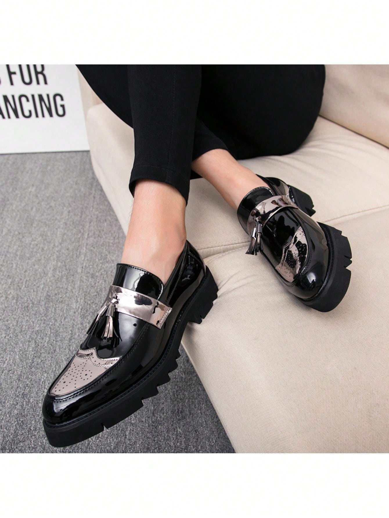 New Men's Shoes, Pointed Toe, Patent Leather, Casual Thick Sole Elevated Sneakers, Fashionable Casual Shoes With Tassel Design, Low-cut Slip-on Shoes For Parties, Wedding, Dinner, Work, Brogue Carved Leather Shoes, Dress Shoes