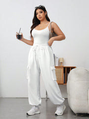 EZwear Plus Size Women'S White Knitted Bodysuit And Straight Leg Drawstring Cargo Pants Two Piece Set