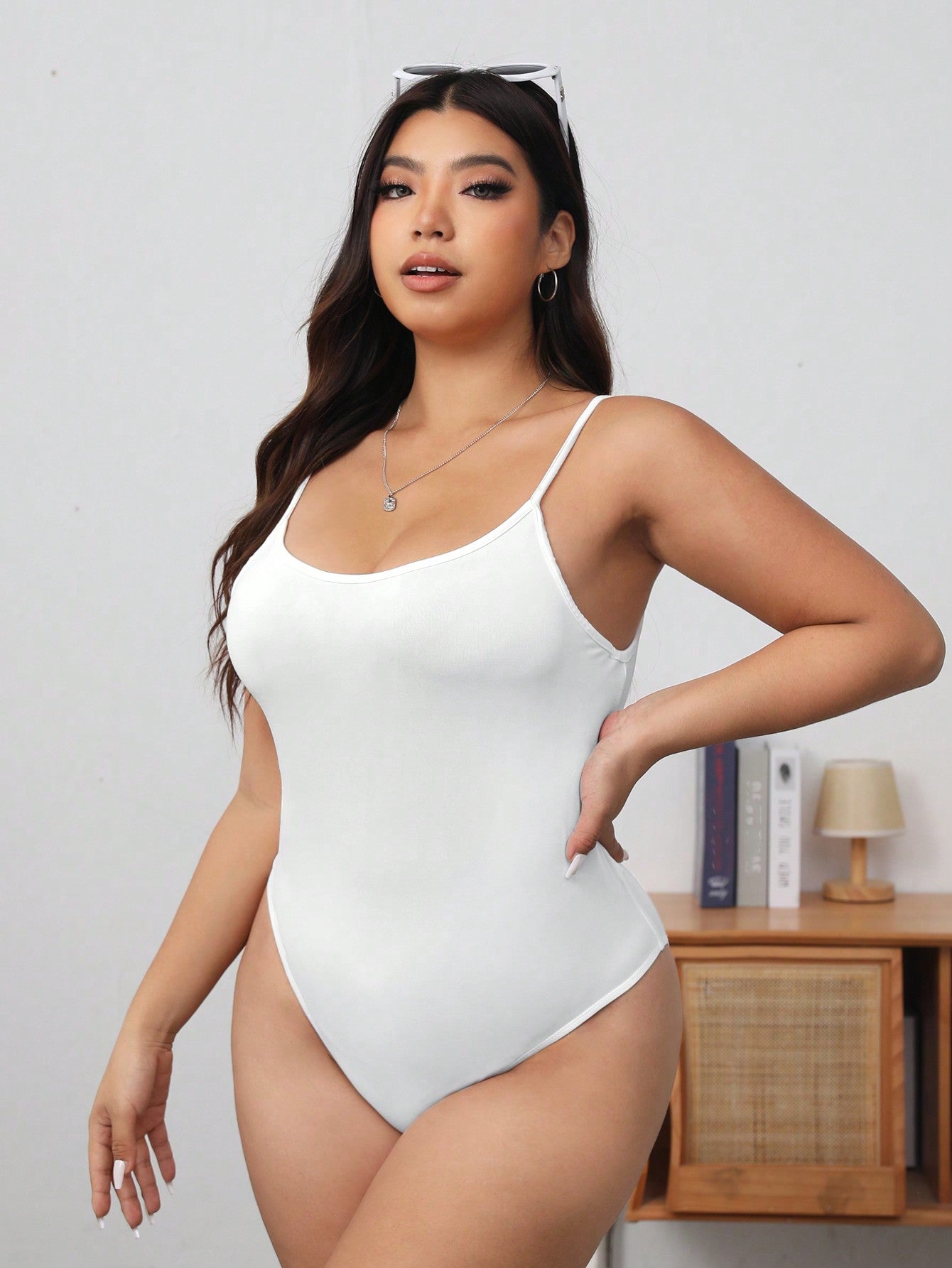 EZwear Plus Size Women'S White Knitted Bodysuit And Straight Leg Drawstring Cargo Pants Two Piece Set