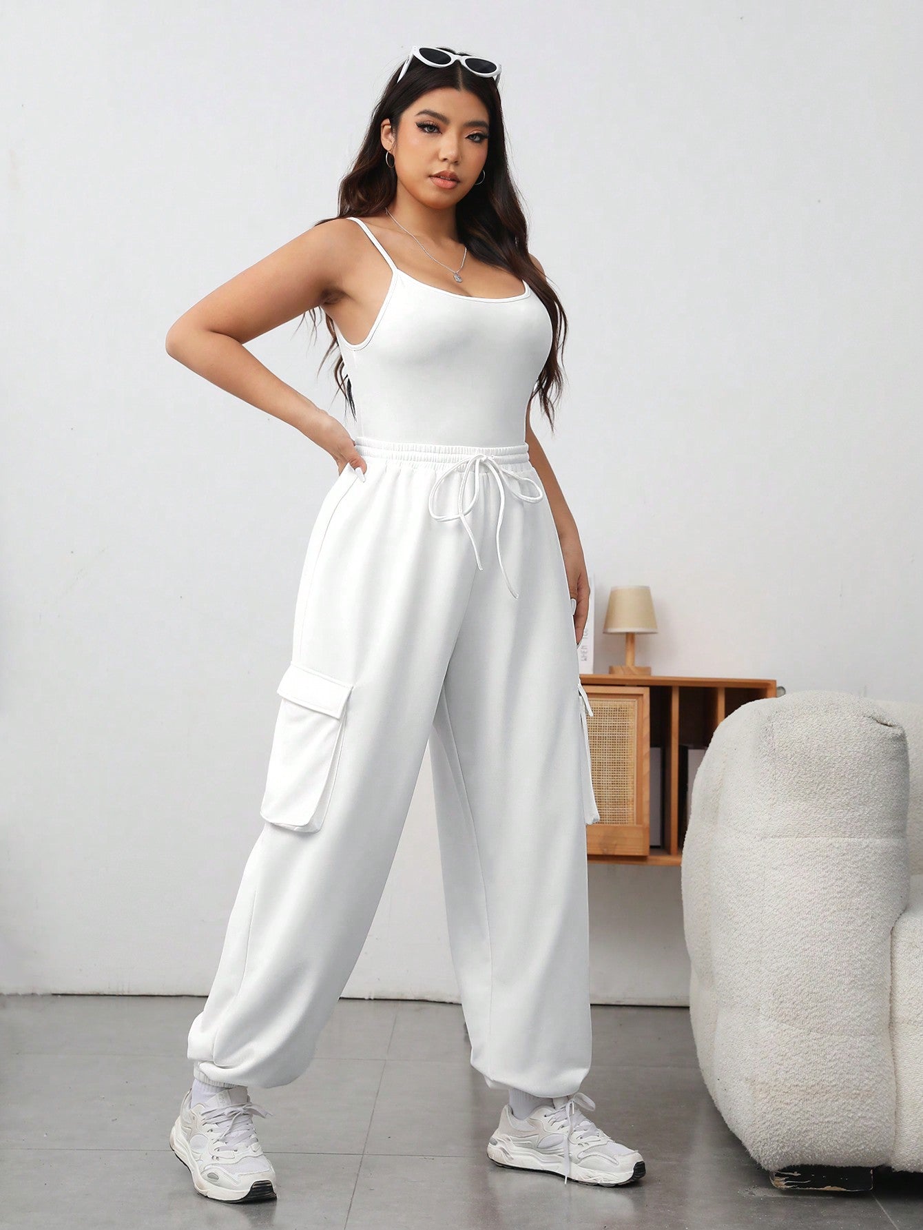 EZwear Plus Size Women'S White Knitted Bodysuit And Straight Leg Drawstring Cargo Pants Two Piece Set