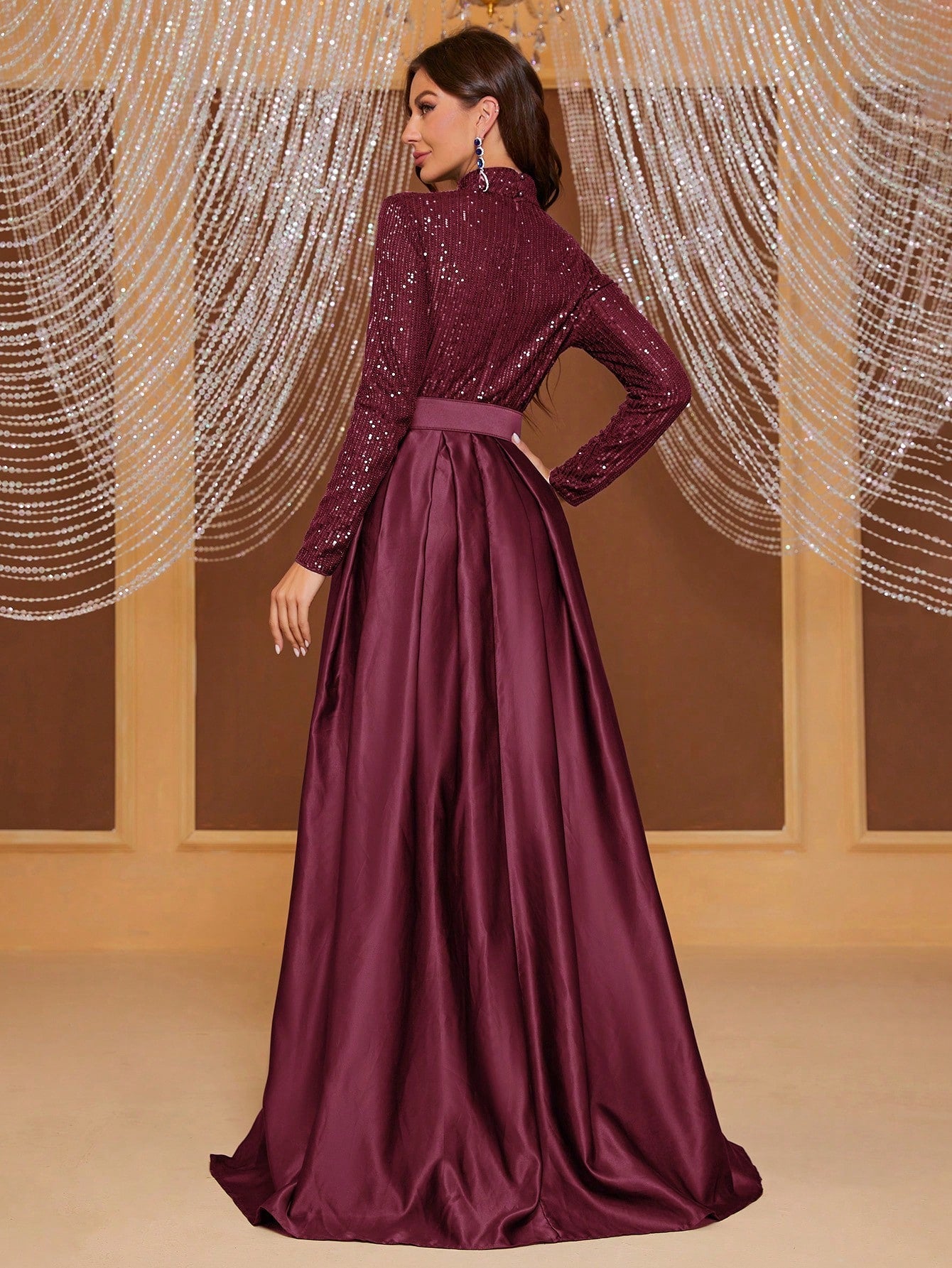 Giffniseti Long Sleeve High Neck Sequin Panel & Pleated Evening Dress (With Belt)