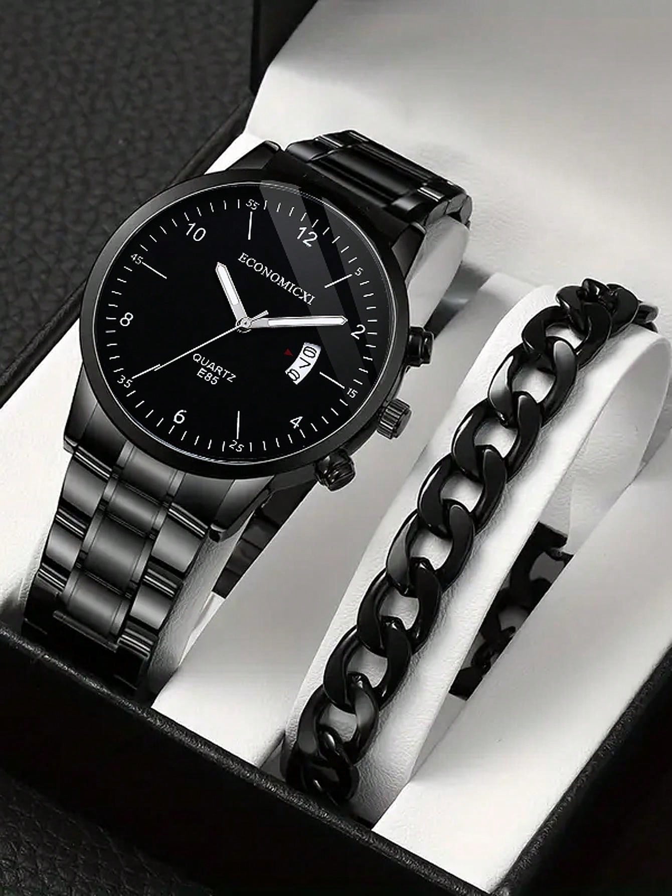 Stainless Steel Business Casual Quartz Wristwatch And 1pc Link Chain Bracelet Set For Men