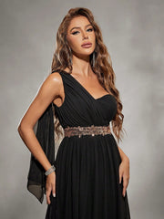 Unity Asymmetric Shoulder Pleated Chiffon & Sequin Patchwork Belted Maxi Dress With Floral Detail