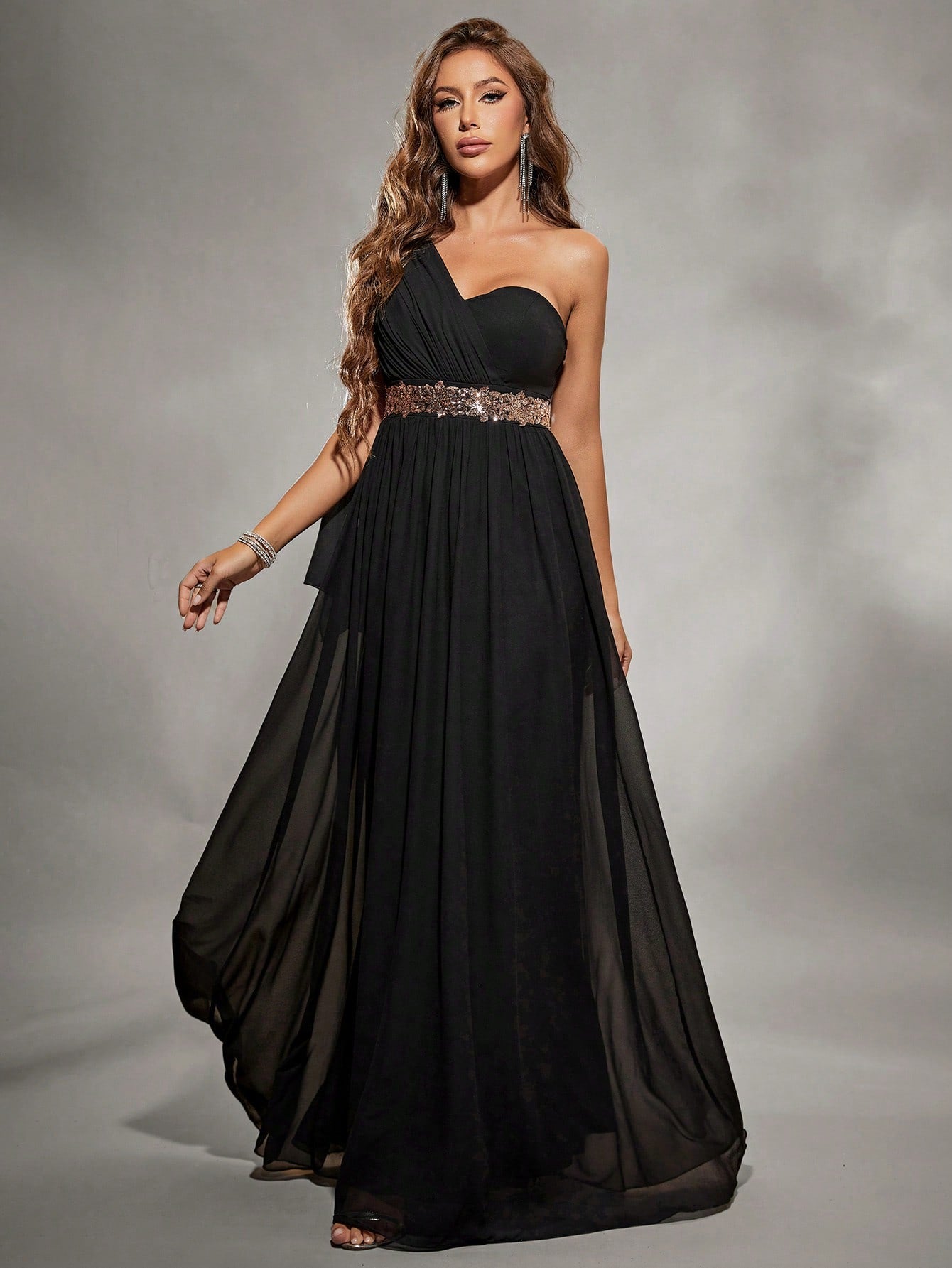 Unity Asymmetric Shoulder Pleated Chiffon & Sequin Patchwork Belted Maxi Dress With Floral Detail