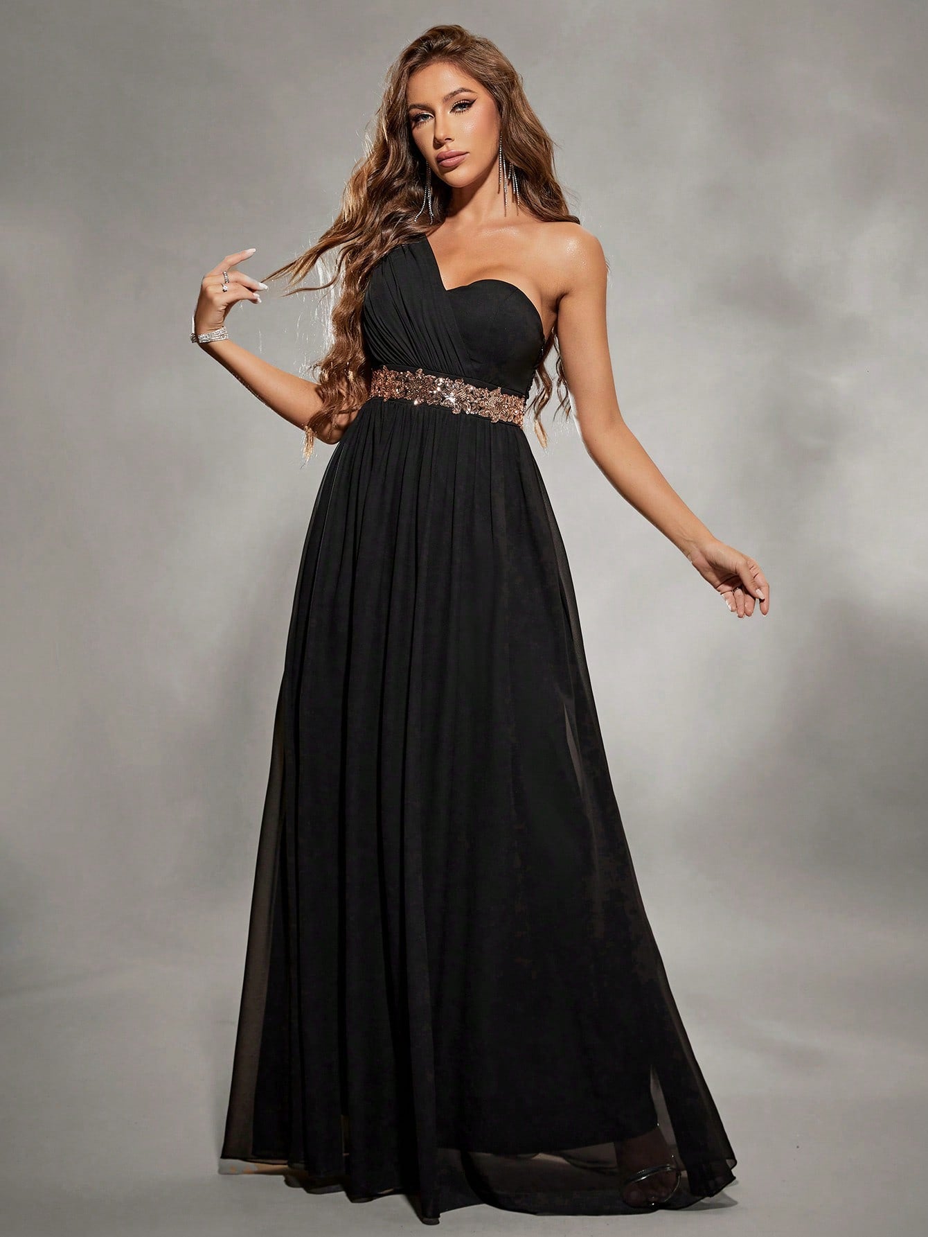 Unity Asymmetric Shoulder Pleated Chiffon & Sequin Patchwork Belted Maxi Dress With Floral Detail